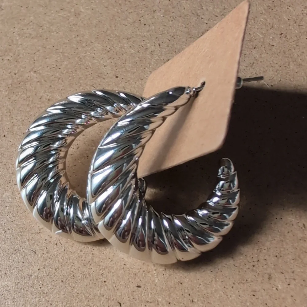 Silver Tone Twisted Hoop Earrings